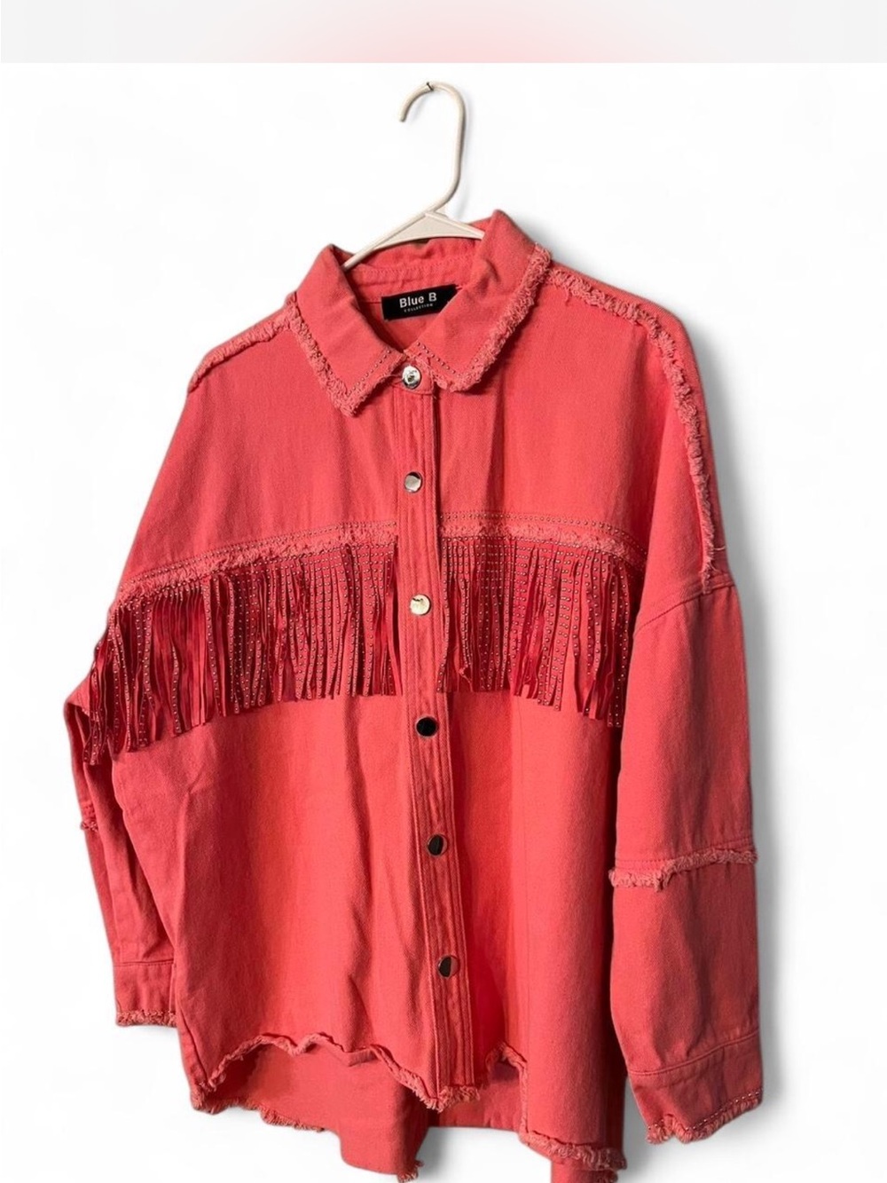 Large Blue B Pink Fringe Button-Up Shacket